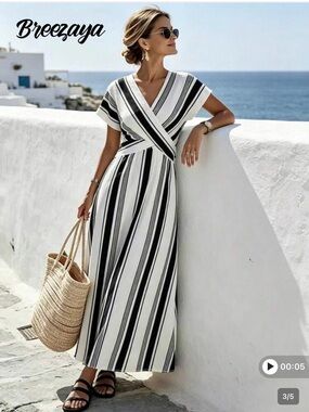 SHEIN Black & White Striped Wrap Maxi Dress